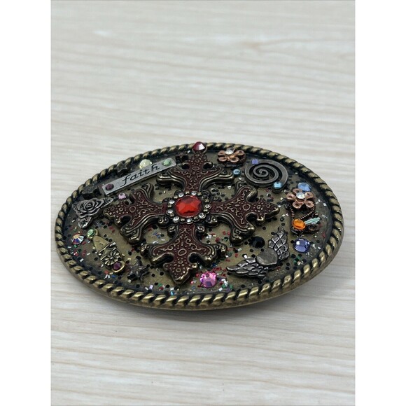 Womens Western Colorful Belt Buckle Faith Flowers Bling Star Heart Bronze Color - Picture 2 of 6